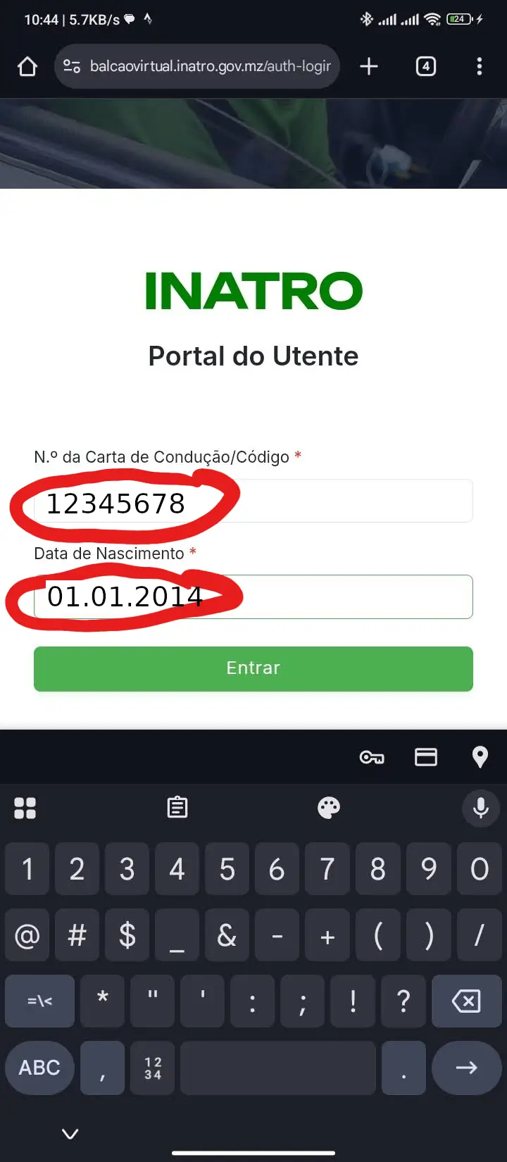 Formulário com preecnhimento de número de carta e data de nascimento.