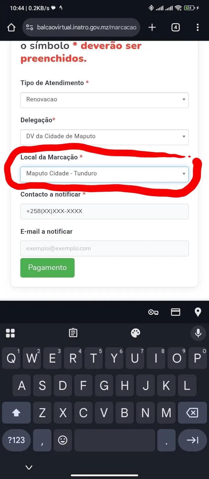 Escolho o local de marcação.