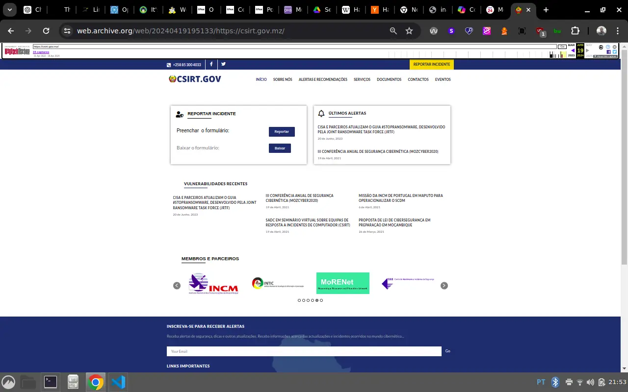 Registro do site do csirt do Governo de Moçambique antes do ataque (retirado do Wayback Machine)